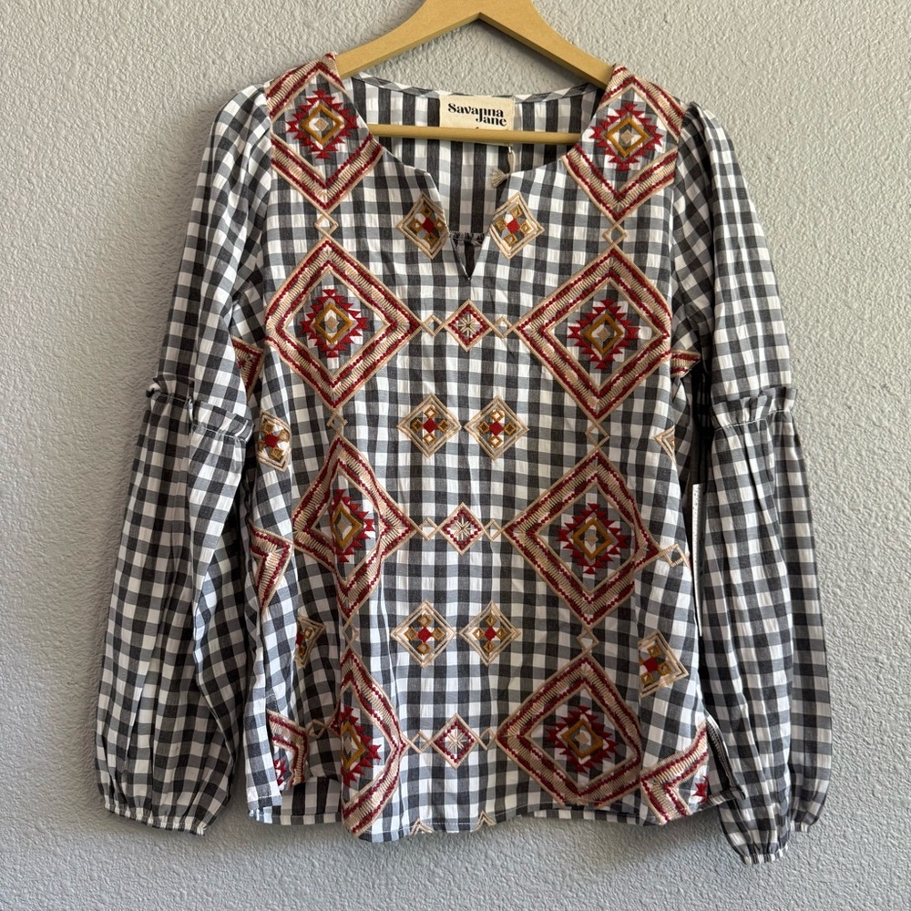 Savanna Jane Checkered Embroidered Blouse Size‎ Small NWT